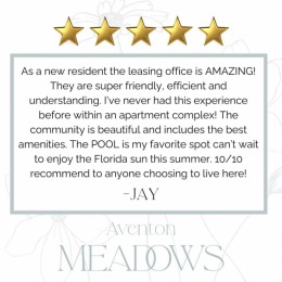 Thrilled to share the love! π Another glowing review brightening our day here at Aventon Meadows. π‘β¨ Thank you for choosing us as your home sweet home in Wesley Chapel! #aventonmeadows #willowbridgepc #wesleychapel #lovewhereyoulive #nowleasing #perksofbeingaresident #communityovercomplex Instagram post from @aventon_meadows on May 08, 2024 09:40:18am